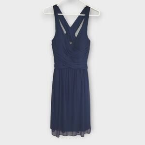 Davids Bridal Dress Womens 4 Party Bridesmaid Navy Blue Short Fit and Fl…